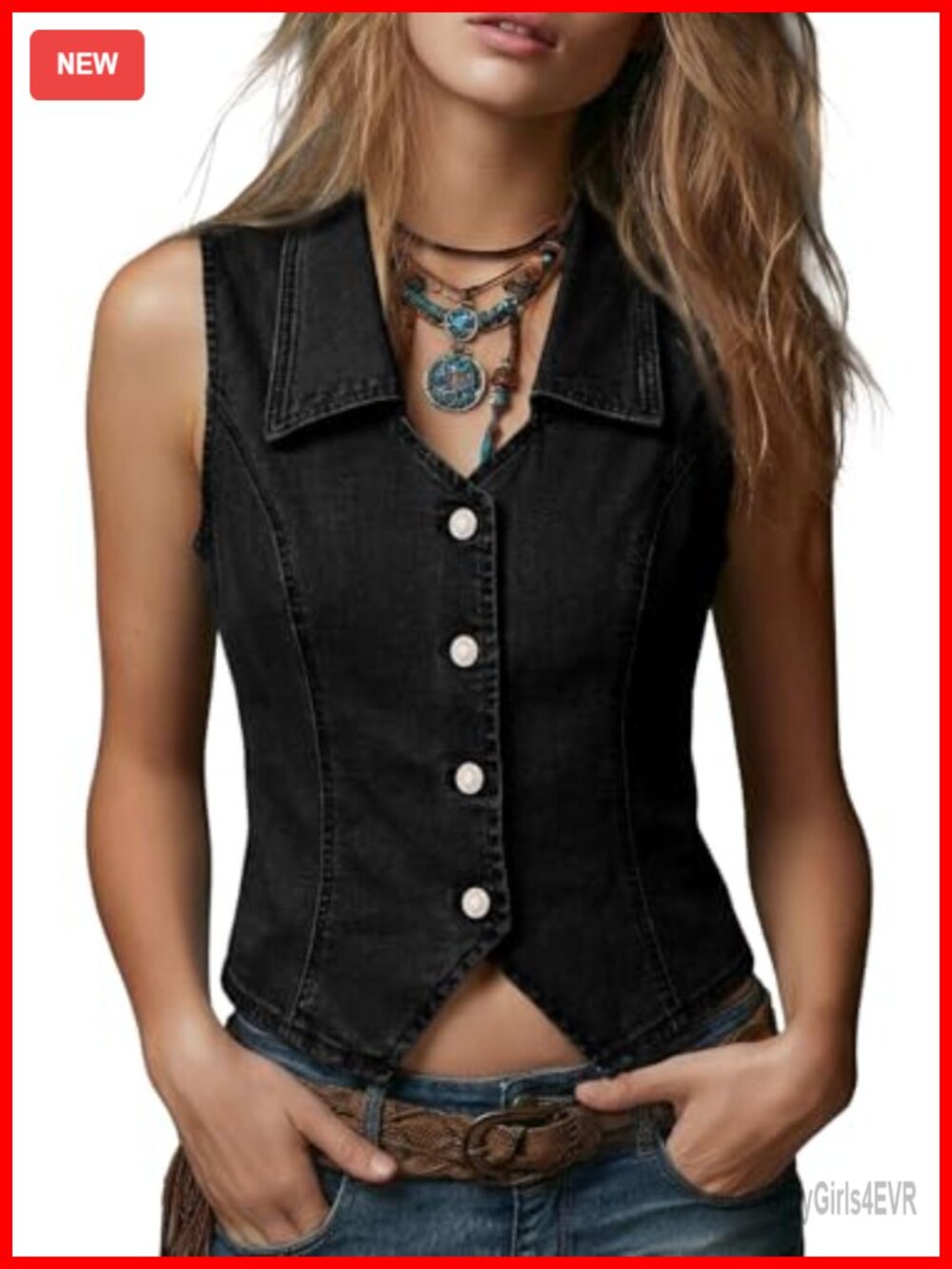Womens Denim Vest Lapel Sleeveless Button Down Slim Fit Crop Jean Vest Top